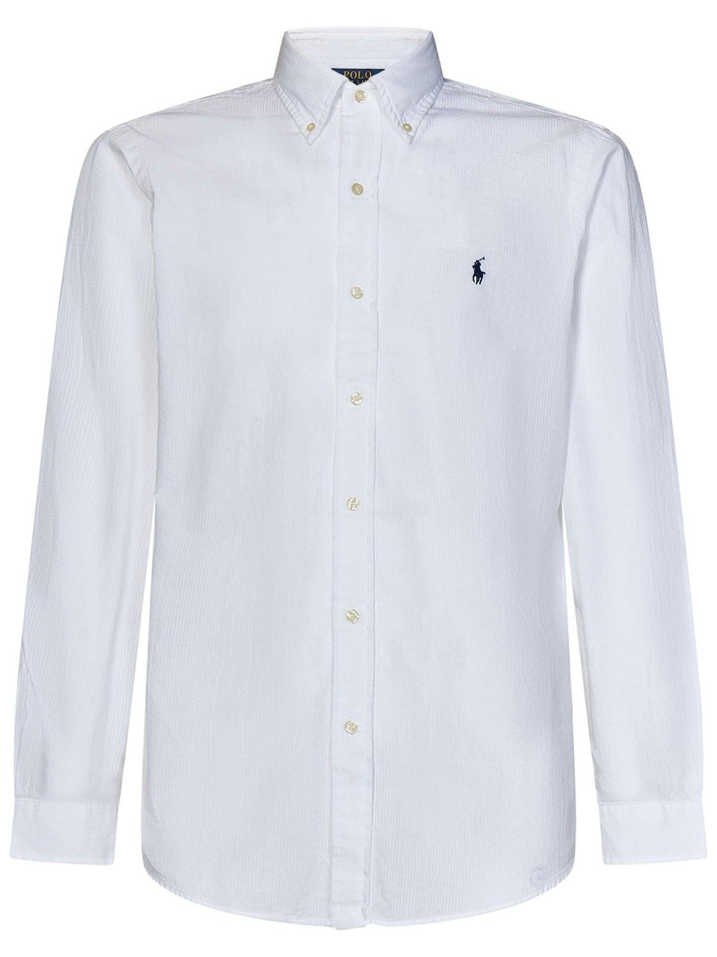 Camicia custom-fit bianca in cotone seersucker a righe con ricamo Pony sul petto.<BR/> 710938519 001 RALPH LAUREN 