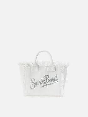 Borsa Vanity mini in canvas bianca con logo in strass<BR/> VAMI001 02571L MC2 SAINT BARTH 