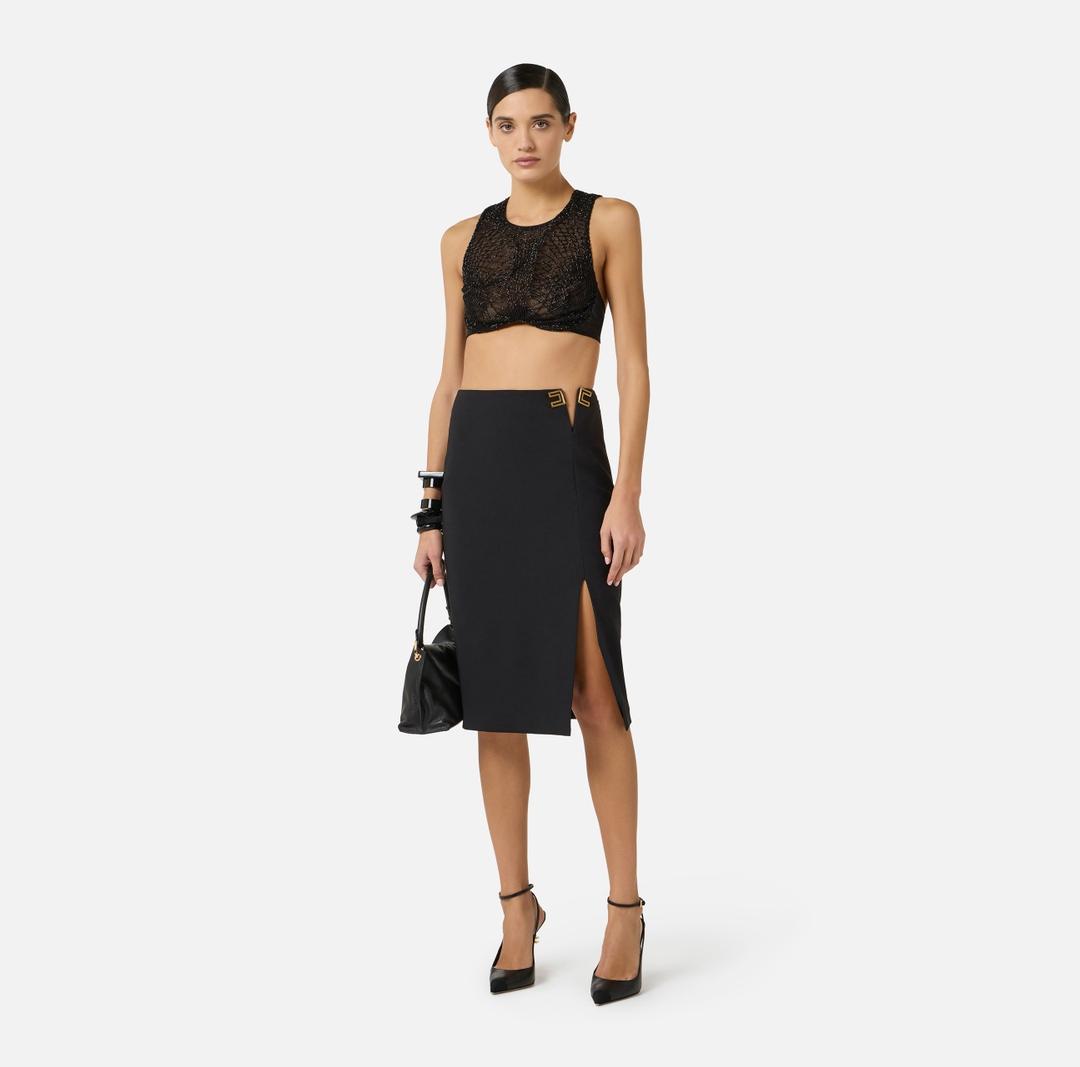 Gonna in doppio crêpe stretch con dettagli logo<BR/> GO14761E2 110 ELISABETTA FRANCHI 