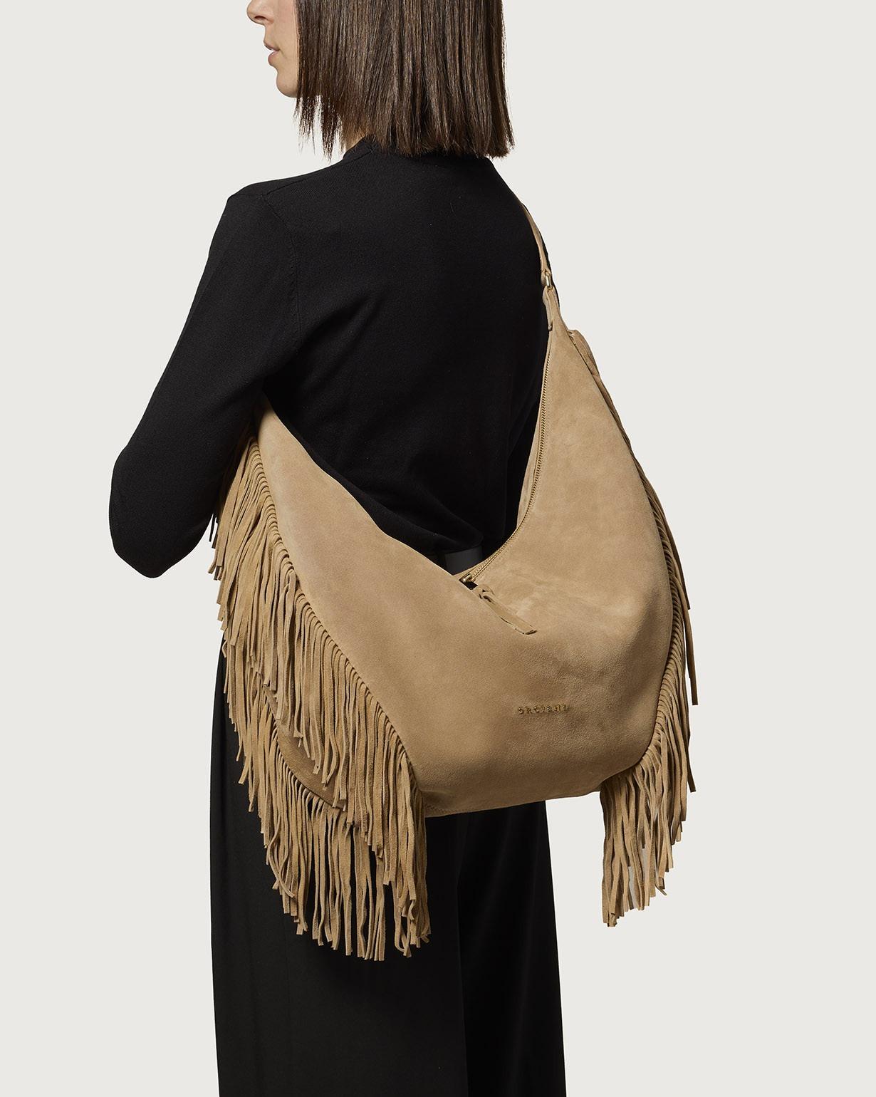 Borsa Isola Peach Fringe Large a spalla in suede<BR/> B02226PFG BISCOTTO ORCIANI 