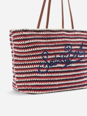 Borsa Tote Crochet a righe blu e rosse con logo ricamato<BR/> CRO0007 00593L MC2 SAINT BARTH 