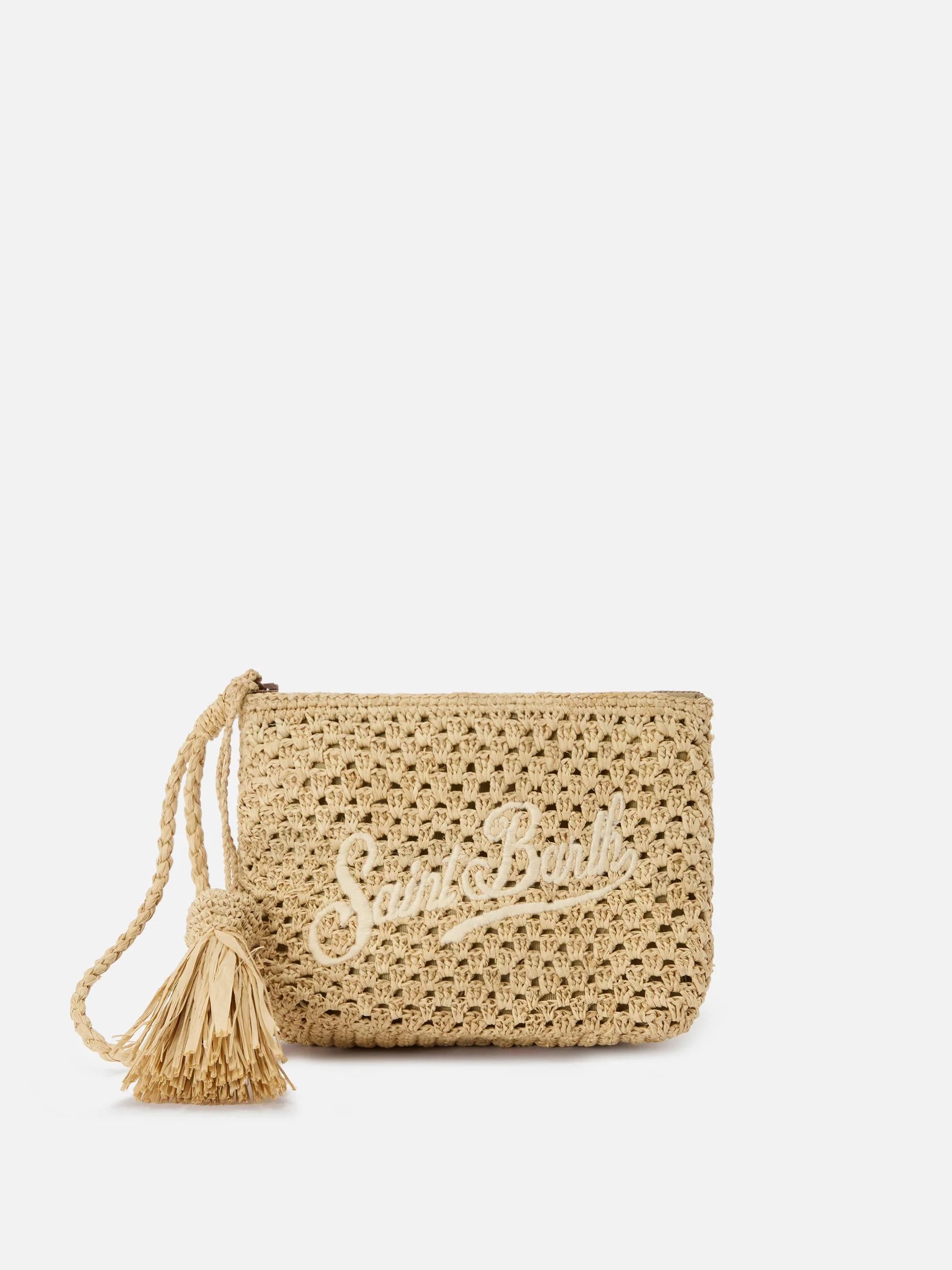 Pouch in rafia intrecciata naturale con logo ricamato<BR/> RAFP001 00878L MC2 SAINT BARTH 