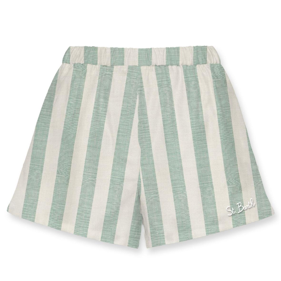 Shorts pull up in lino con stampa a righe