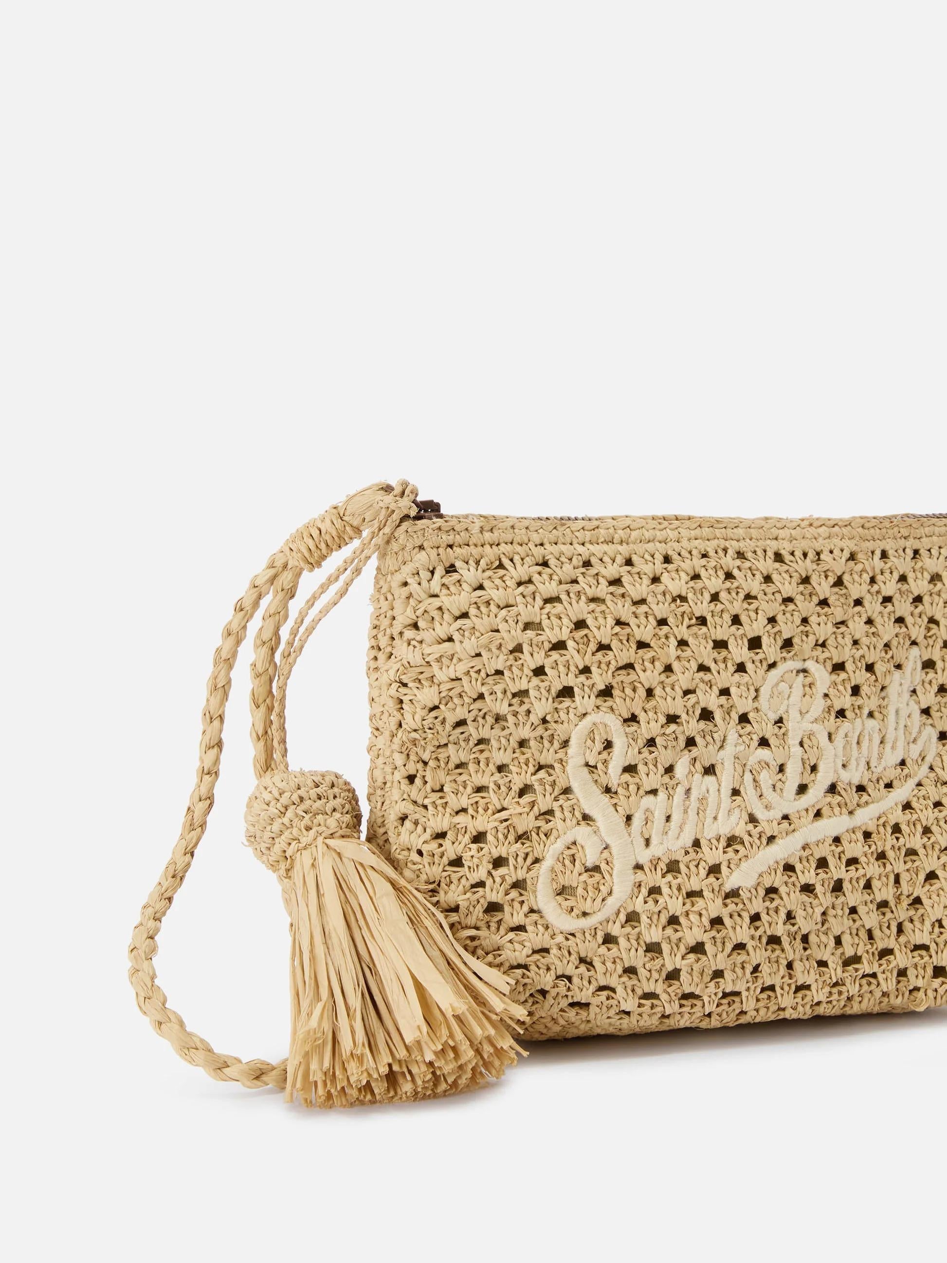 Pouch in rafia intrecciata naturale con logo ricamato<BR/> RAFP001 00878L MC2 SAINT BARTH 