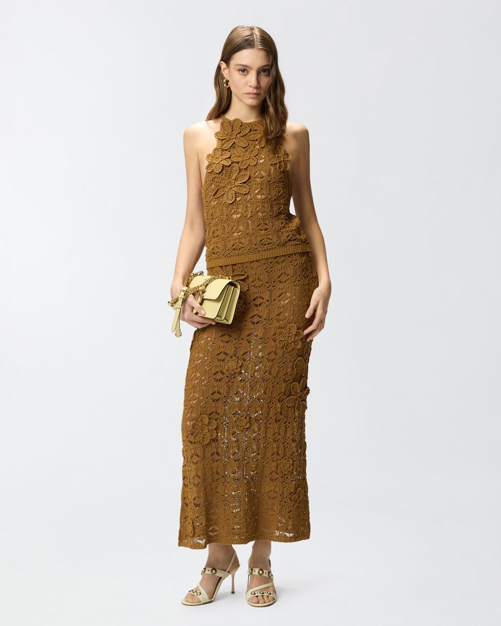 Gonna midi effetto uncinetto con fiori applicati<BR/> 106861A3B8 L25 PINKO 