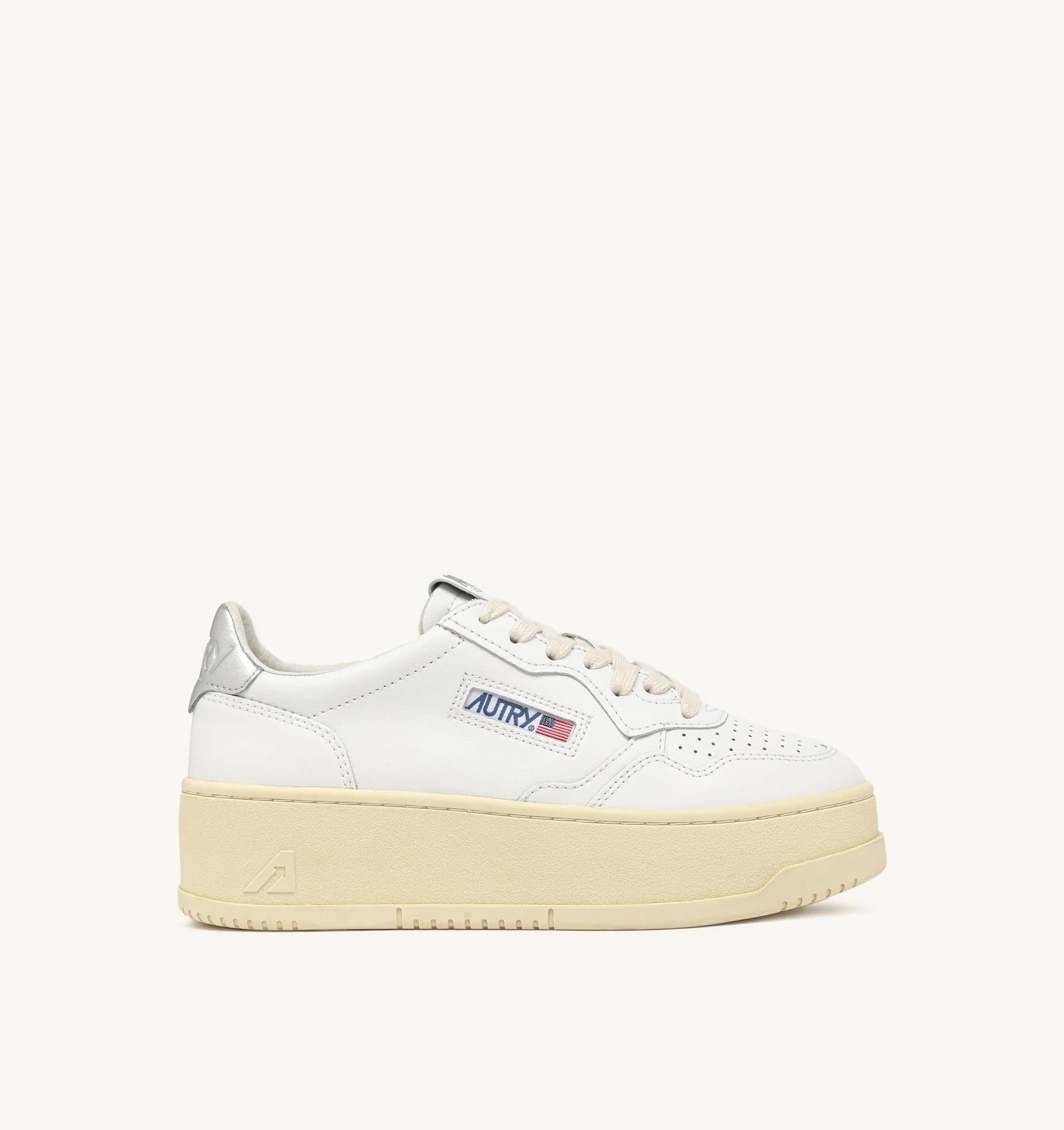 SNEAKERS MEDALIST PLATFORM IN PELLE BIANCA E METALLIZZATA ARGENTO PTLW LL05 AUTRY ACTION SHOES 