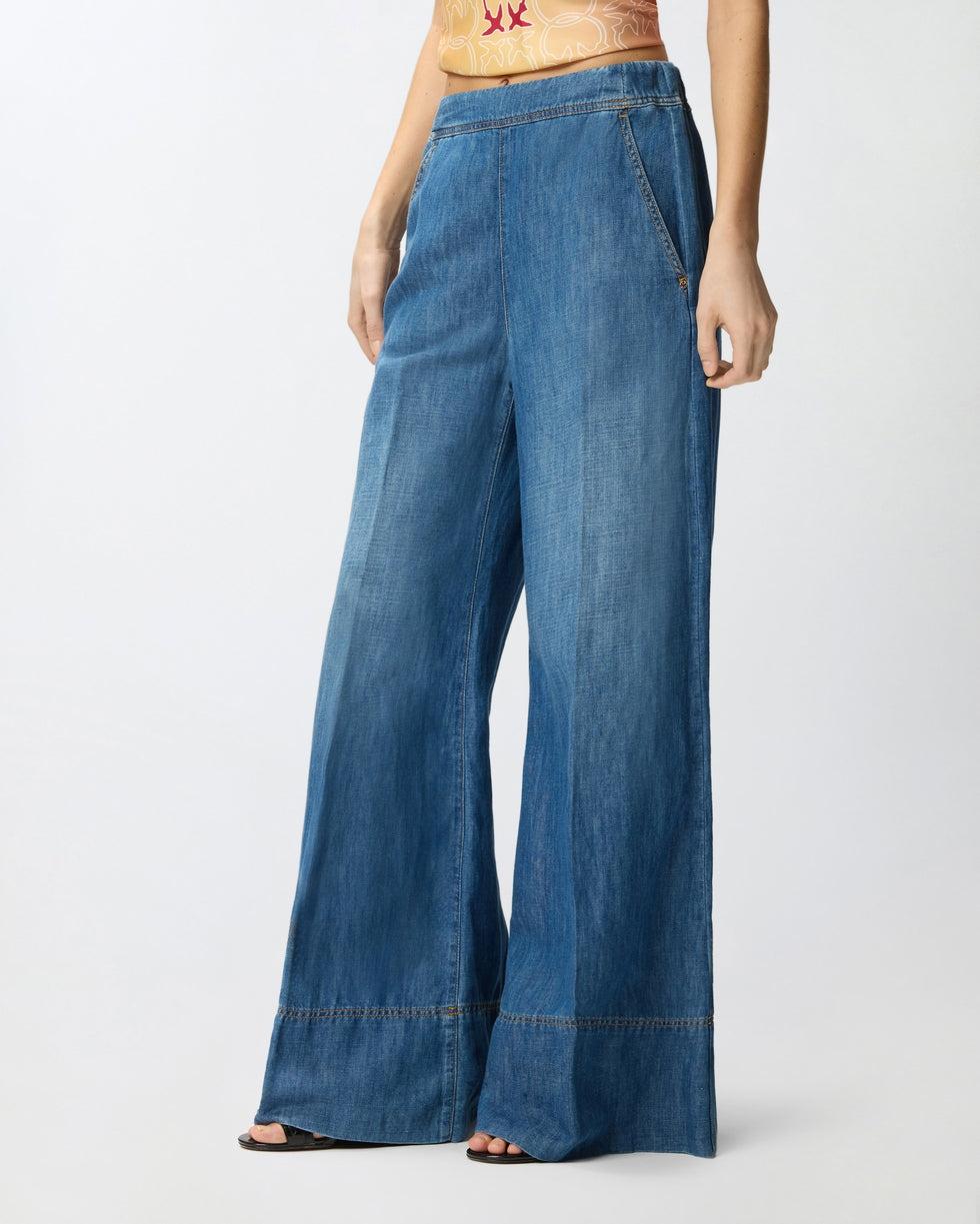 Pantaloni ampi in denim di misto lino<BR/> 106398A33J PJD PINKO 