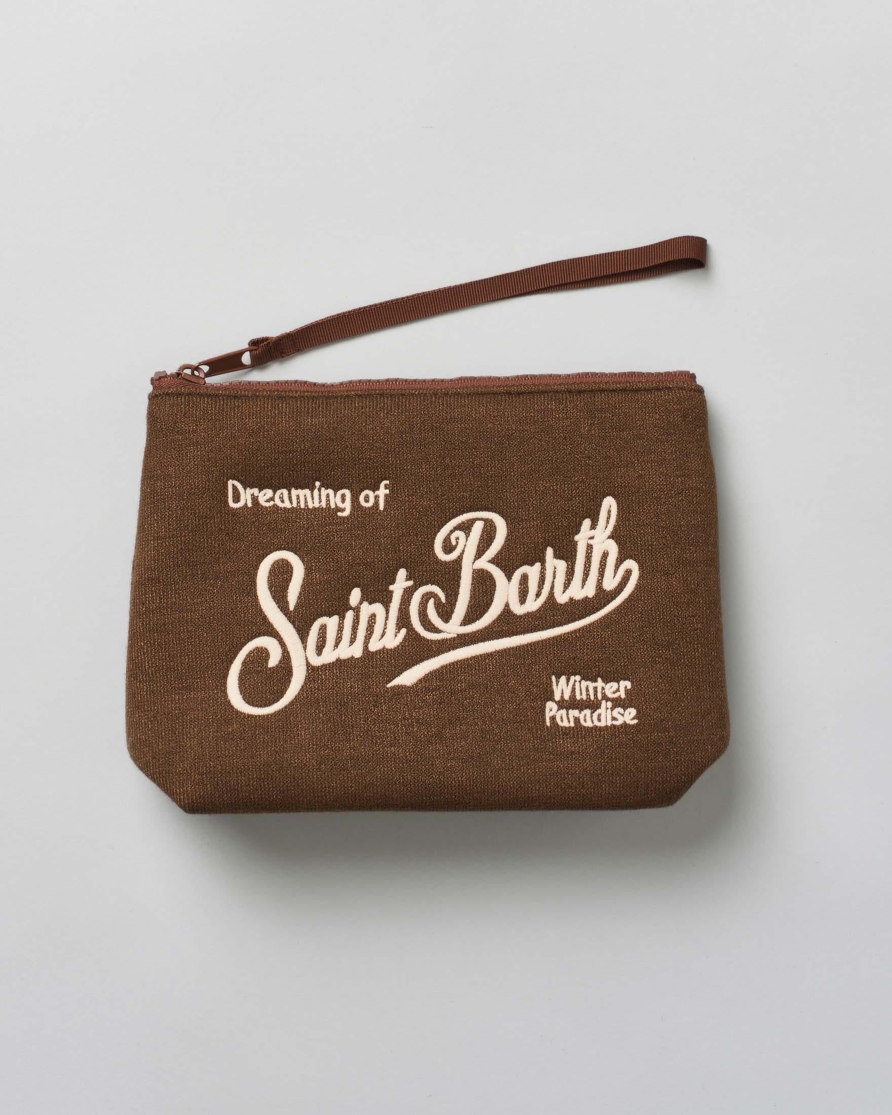 MC2 SAINT BARTH<BR/>Pochette Aline marrone in tessuto a effetto lana con logo panna ricamato fronte e retro ALI0022 00163I MC2 SAINT BARTH 