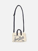 Borsa Phone micro in canvas bianco con dettagli blu e logo a contrasto