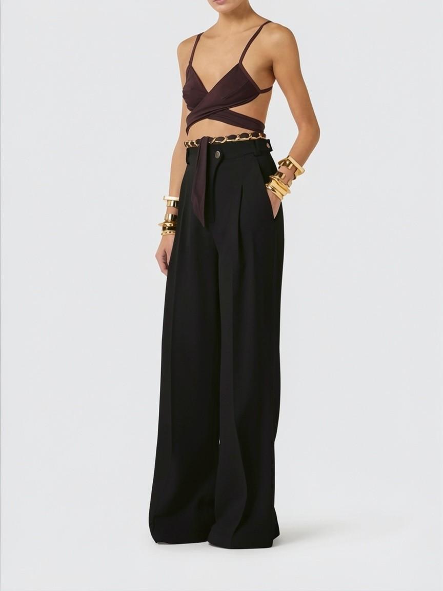 PANTALONI IN MISTO LINO CON CINTURINI ELISABETTA FRANCHI<BR/> PA12762E2 110 ELISABETTA FRANCHI 