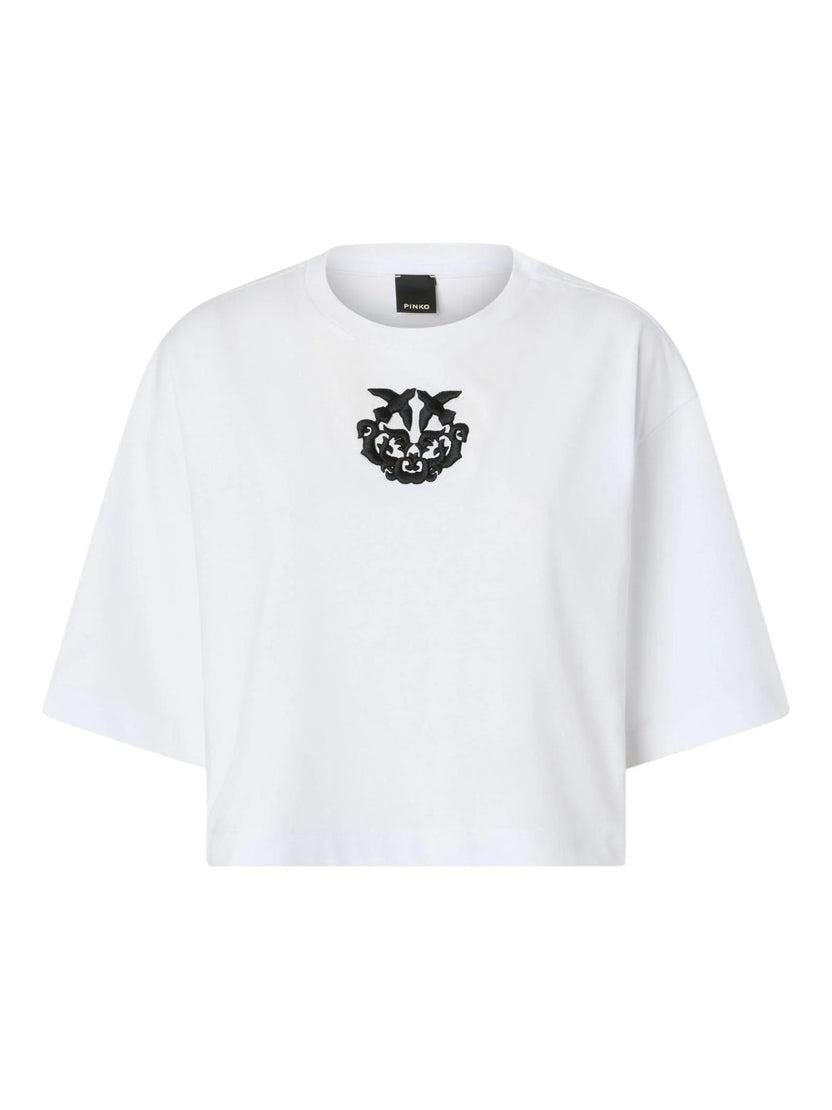 T-shirt cropped con ricamo Love Birds<BR/> 106814A3AM ZZ1 PINKO 