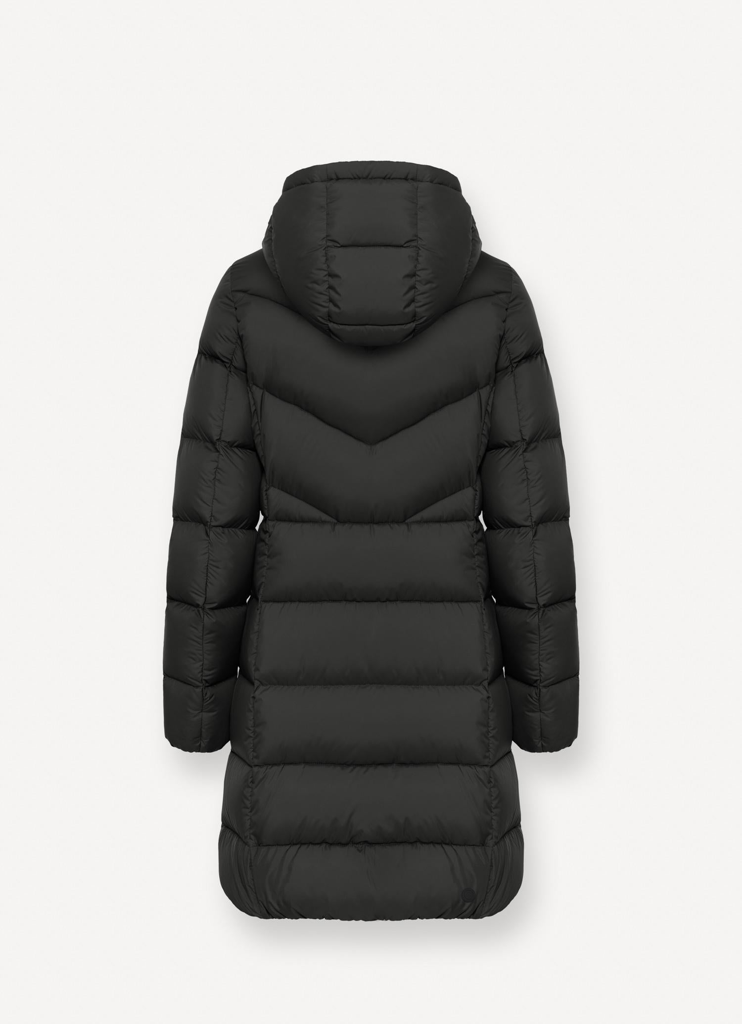 Women's long down jacket in technical fabric with hood