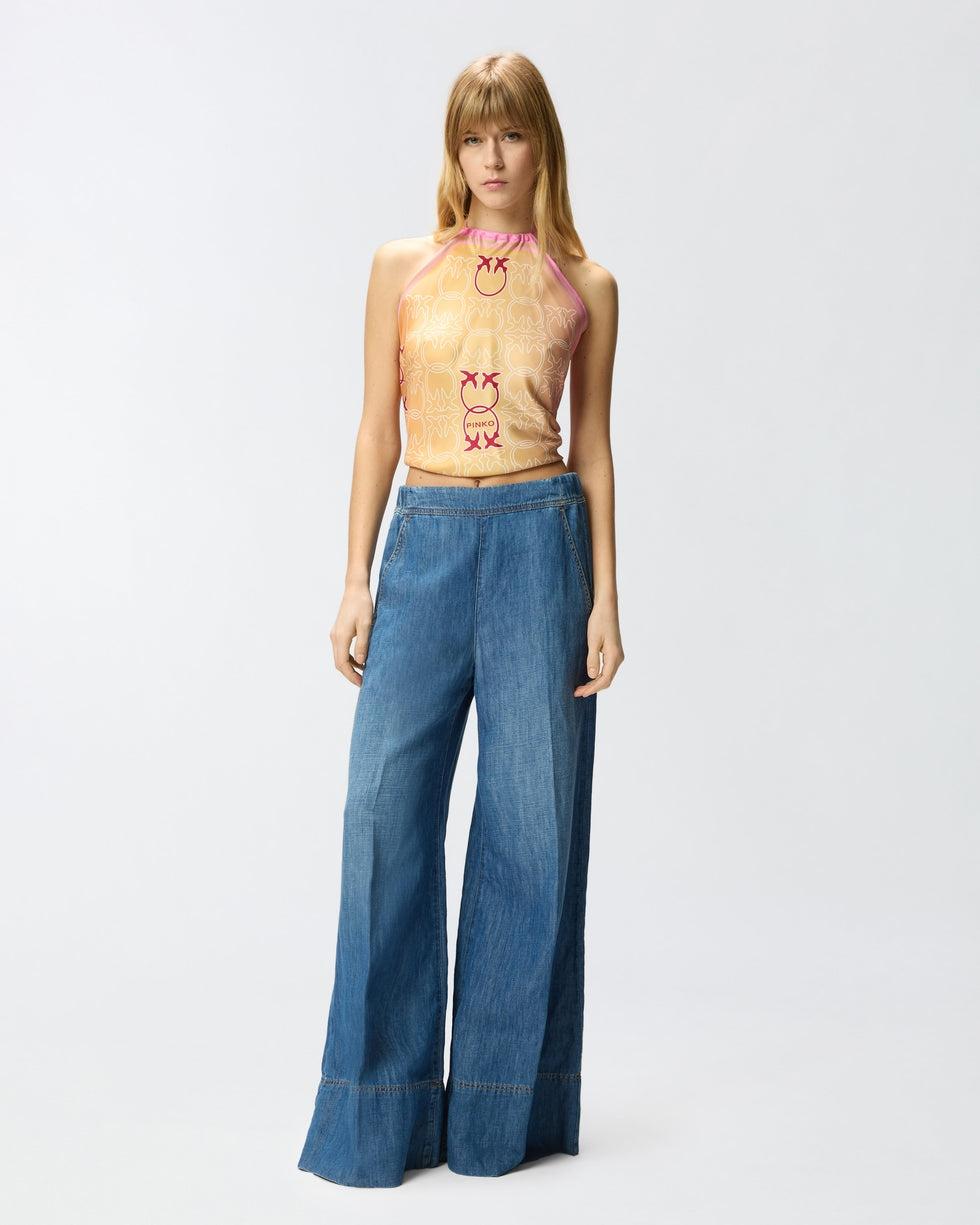 Pantaloni ampi in denim di misto lino<BR/> 106398A33J PJD PINKO 